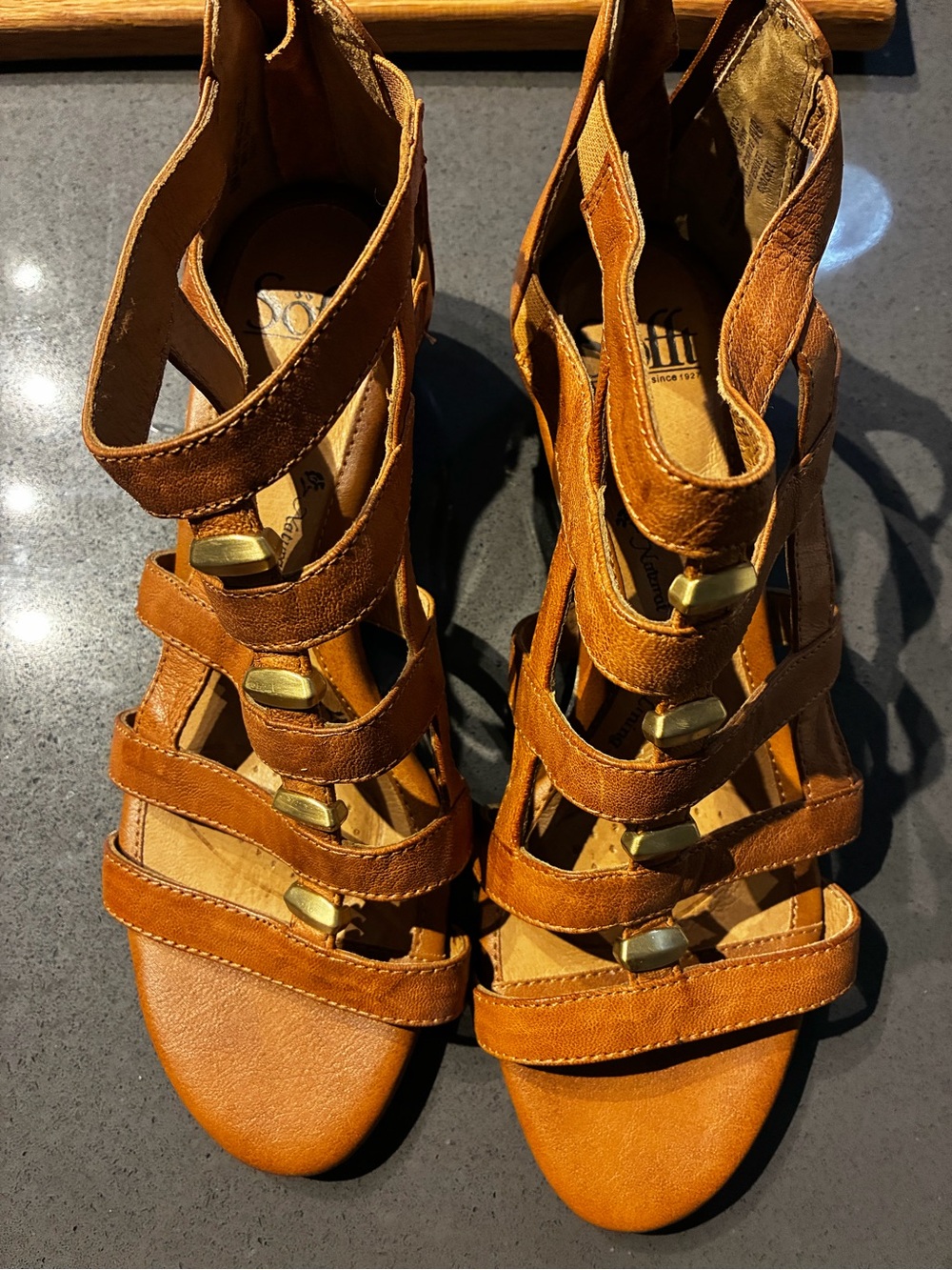 Sofft b.o.c. Cognac Strappy Gladiator Heels with Gold Accents